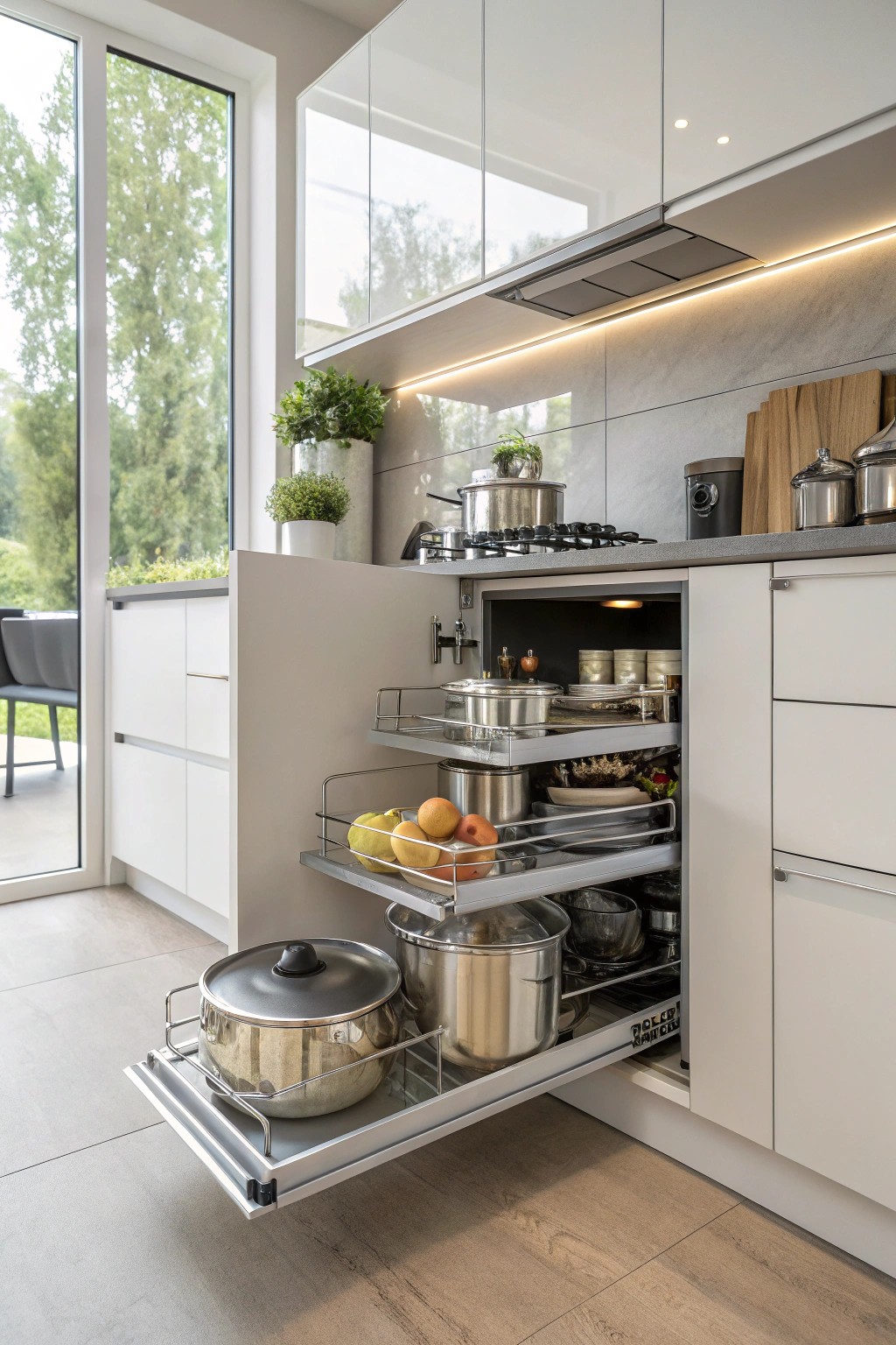 A magic corner pull-out system makes every inch of deep cabinet space usable and accessible.