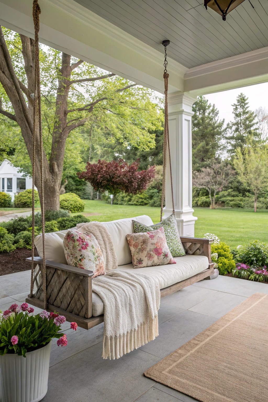 A hanging swing or daybed brings a touch of whimsy and total relaxation.