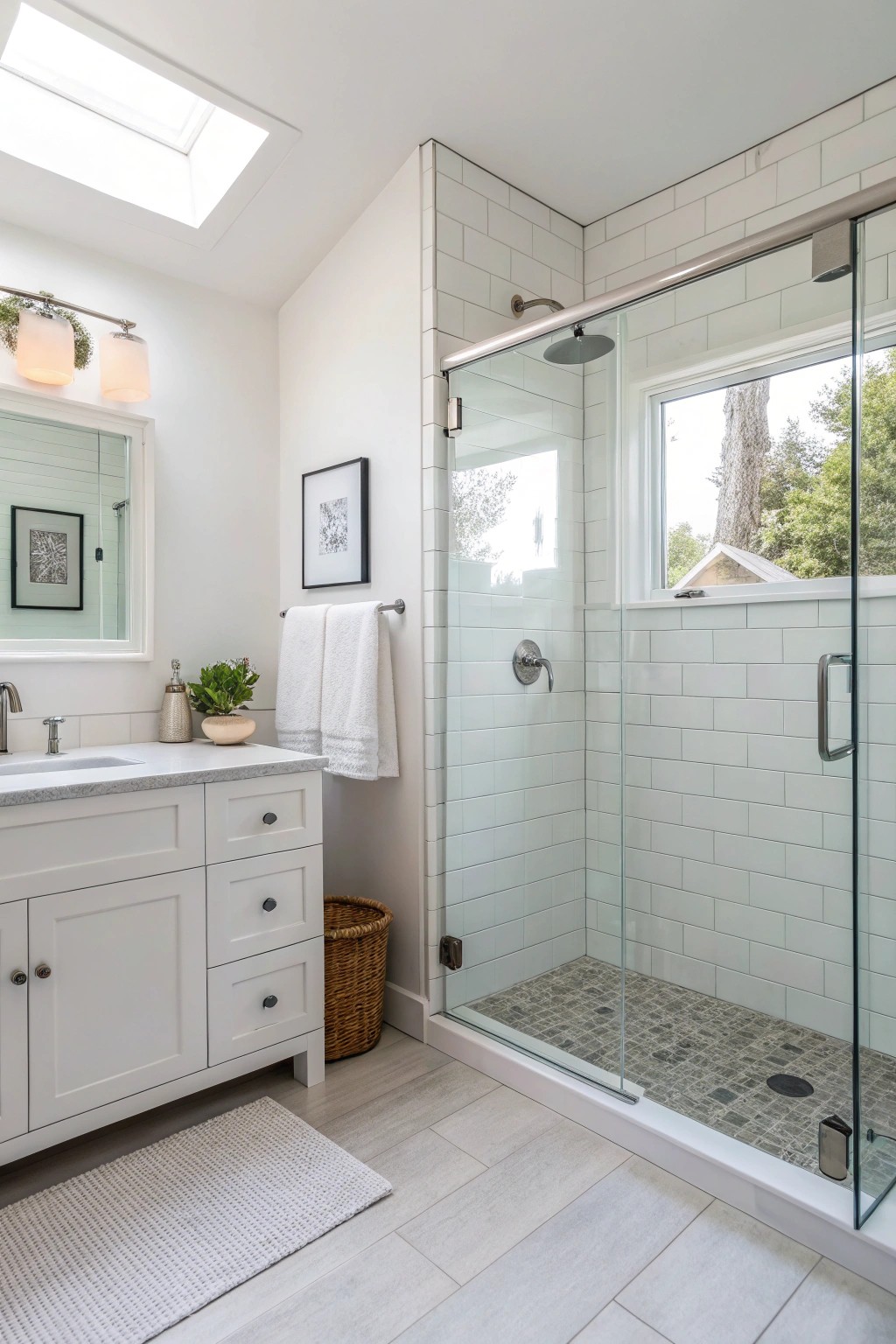 A sleek frameless glass panel preserves openness and flow in this bathroom.