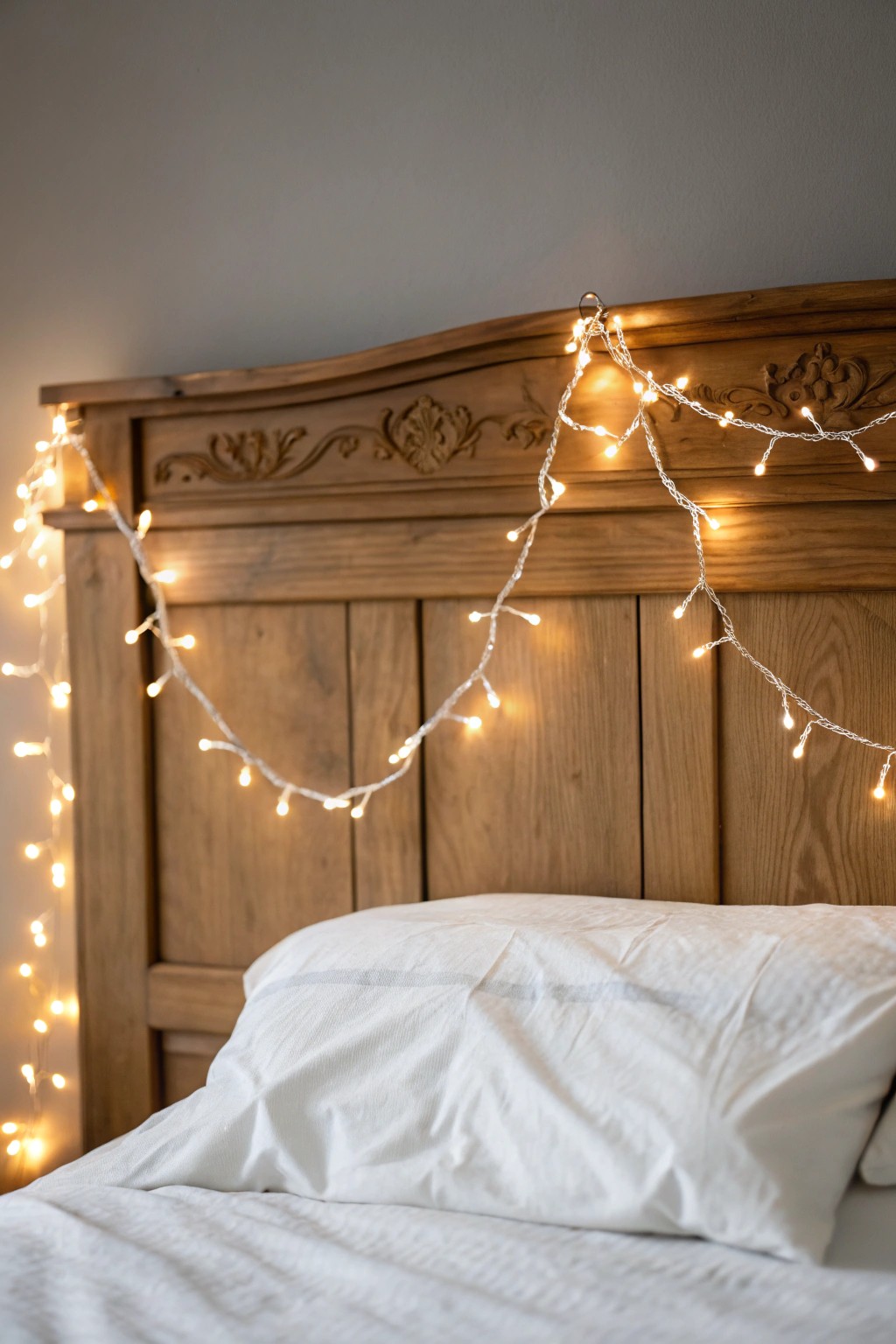 Add instant magic with softly glowing fairy lights draped over a natural wood headboard.