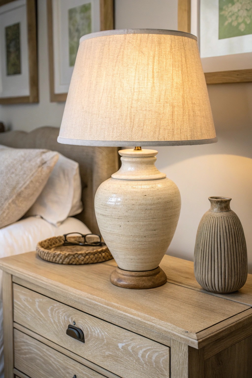 Elevate your dresser with the cozy charm of a ceramic lamp and linen shade.