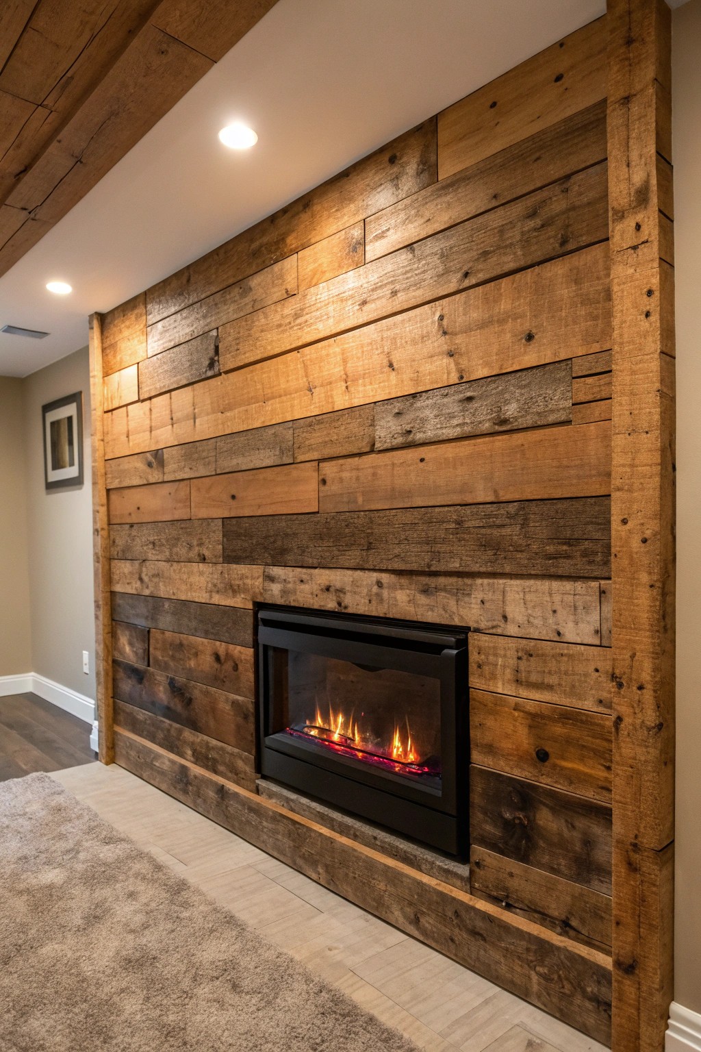 Warm up your space with the timeless charm of a rustic wood accent wall and a modern electric fireplace.