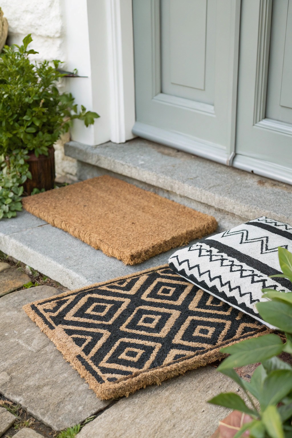 Elevate your entryway: Layer a bold rug beneath a classic coir mat for instant curb appeal.