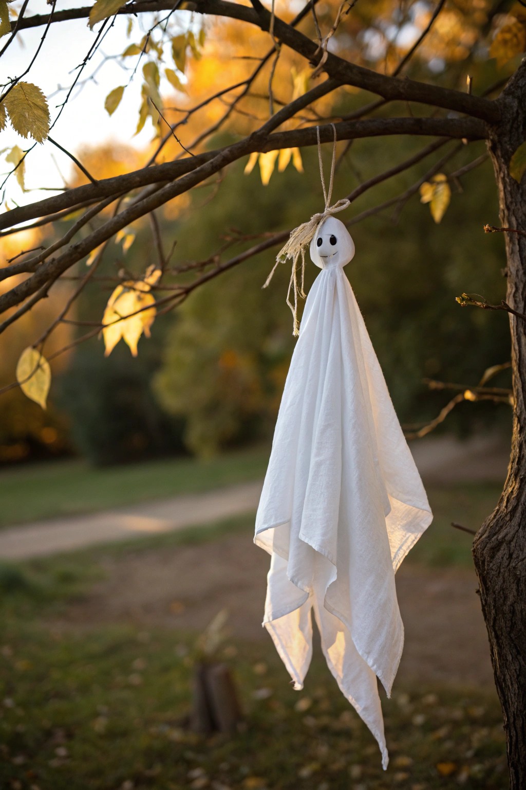Ethereal floating ghost—handcrafted simplicity for enchanting outdoor Halloween decor.