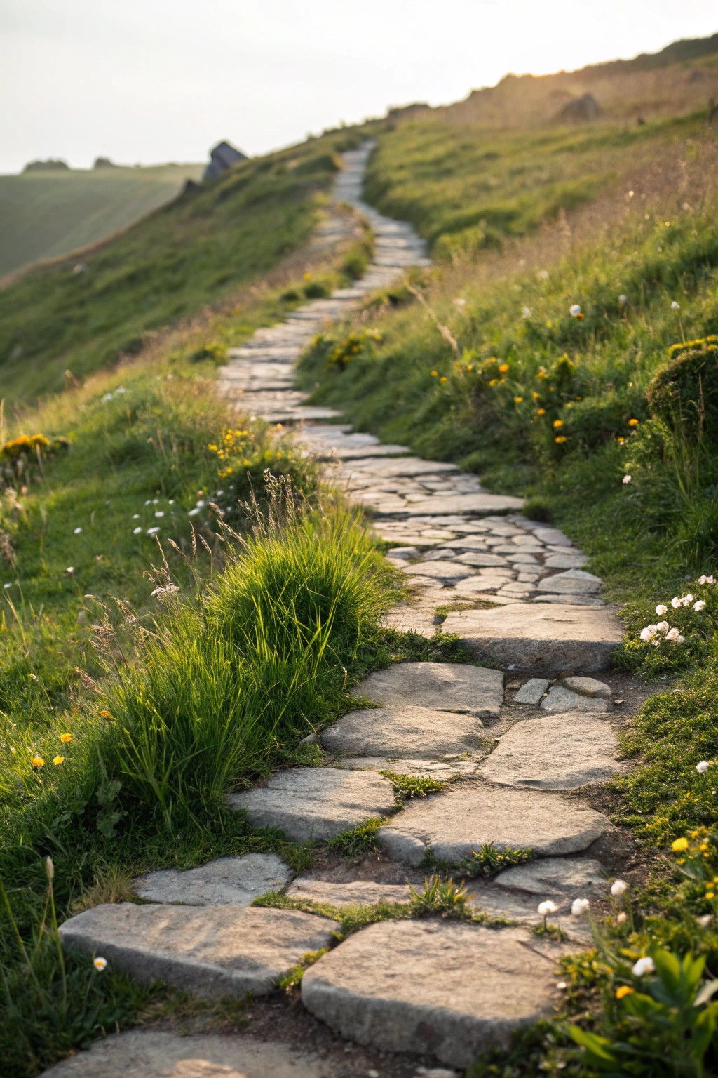 Create rustic charm with a handcrafted natural stone pathway for your hillside garden.