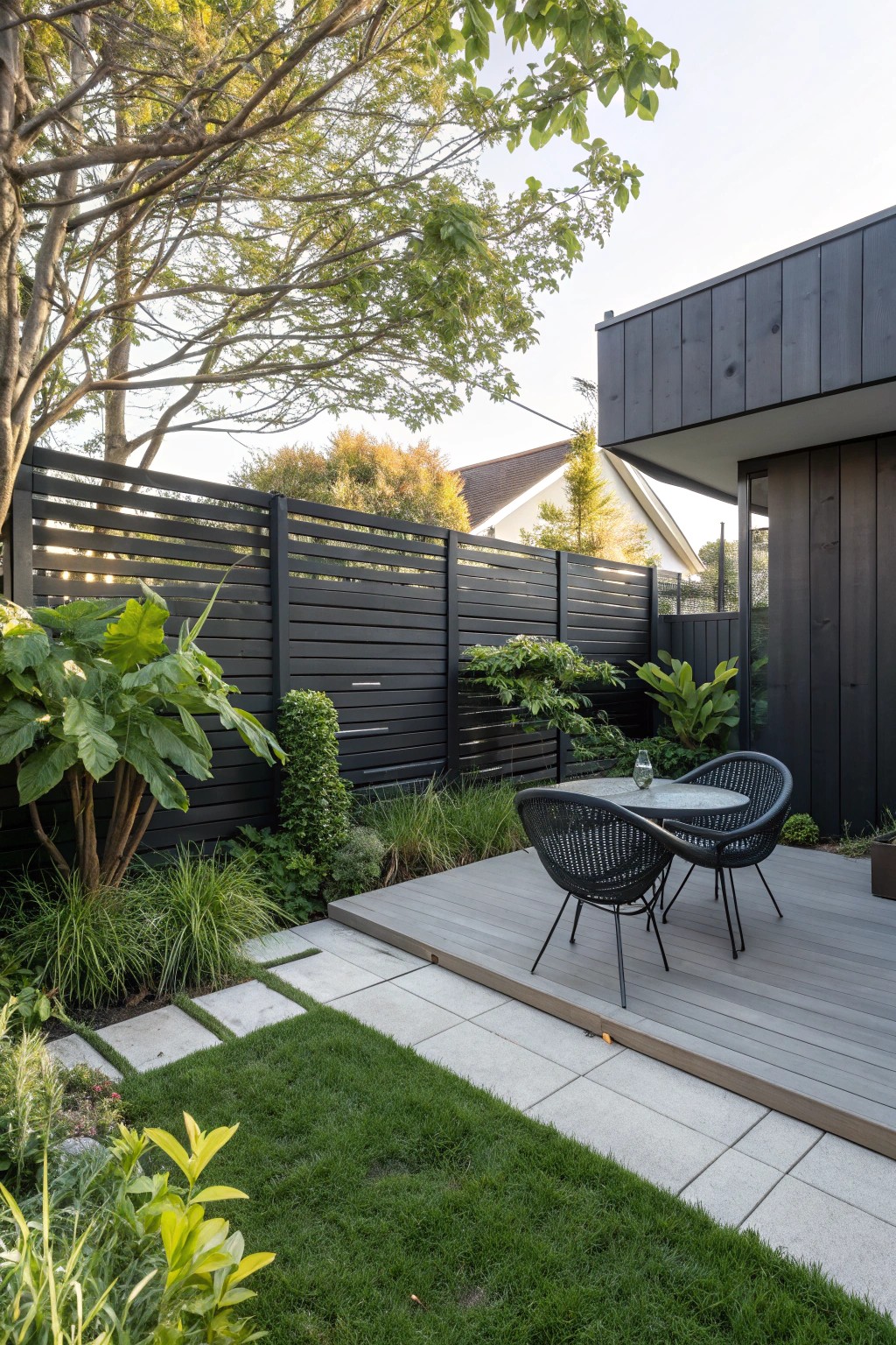 Bold meets beauty: a modern black horizontal fence makes greenery and blooms pop.
