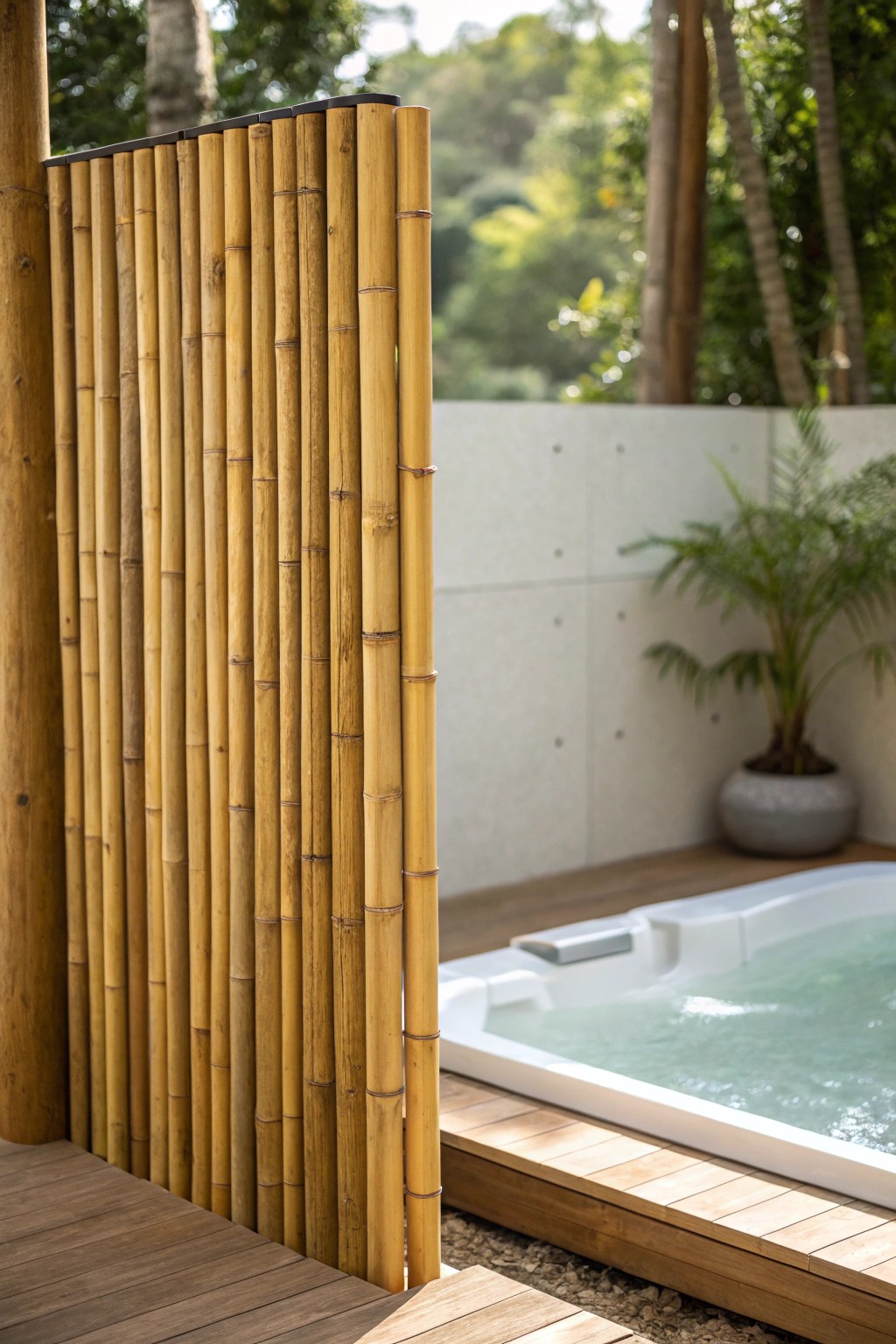 Elevate your hot tub sanctuary with the simple elegance of a bamboo privacy wall.