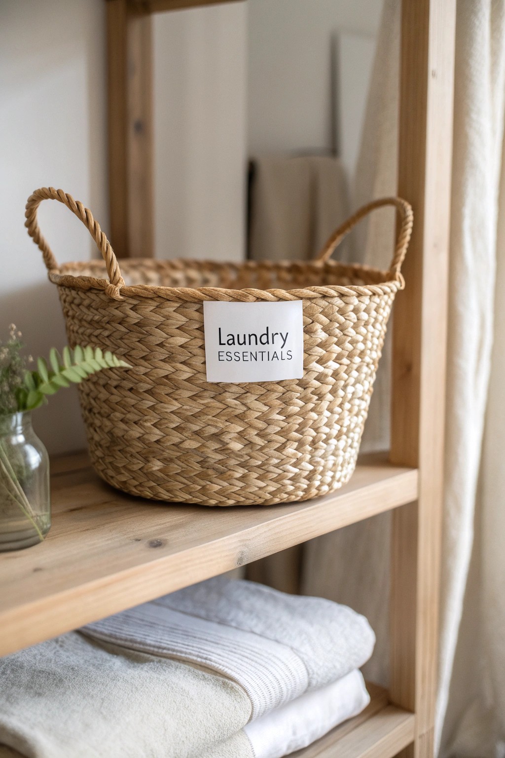 Simple beauty: a labeled woven basket brings effortless order to your laundry space.