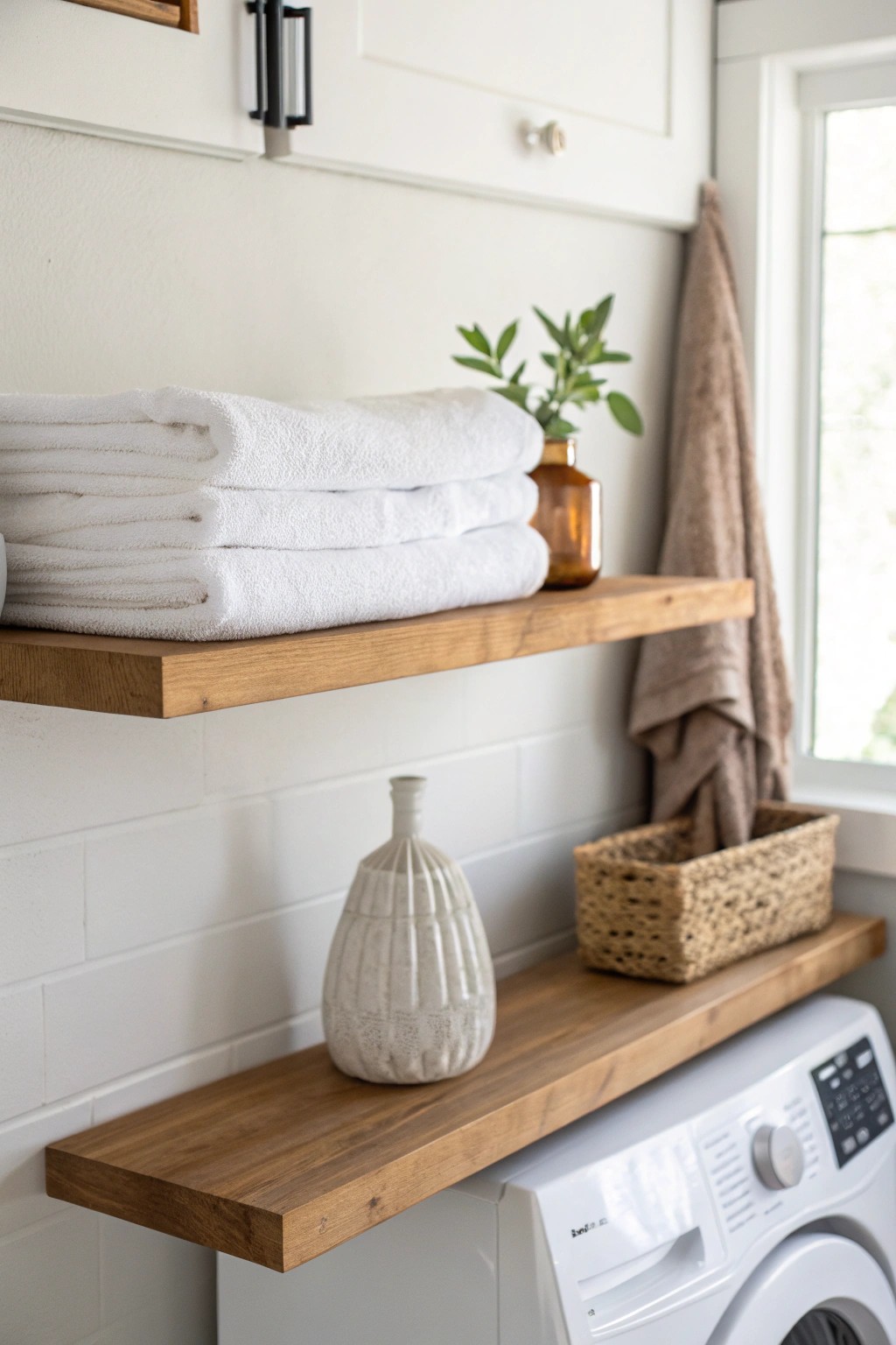 Effortless elegance: a single floating shelf brings modern minimalism to your laundry space.