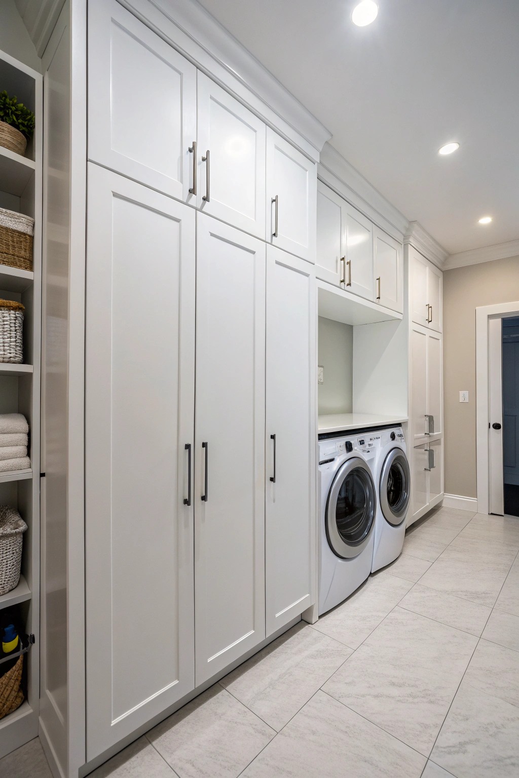 Full-height cabinets keep laundry essentials hidden and your space feeling calm.