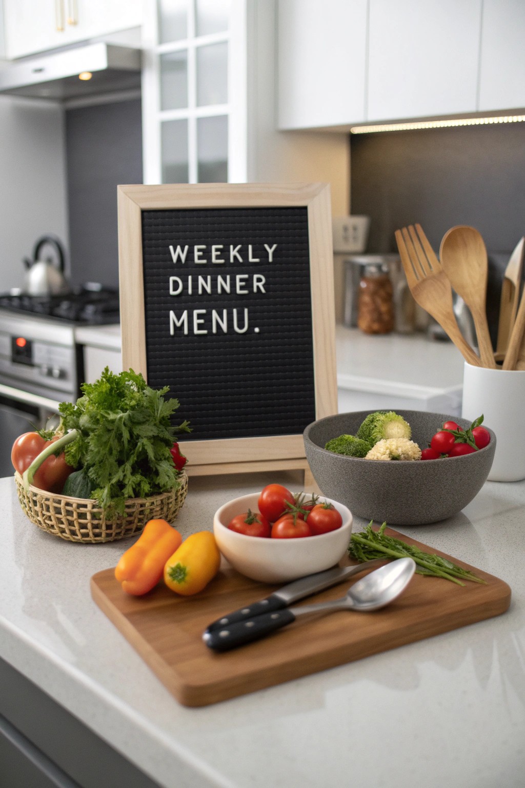 A letter board menu brings clarity and charm to kitchen routines.