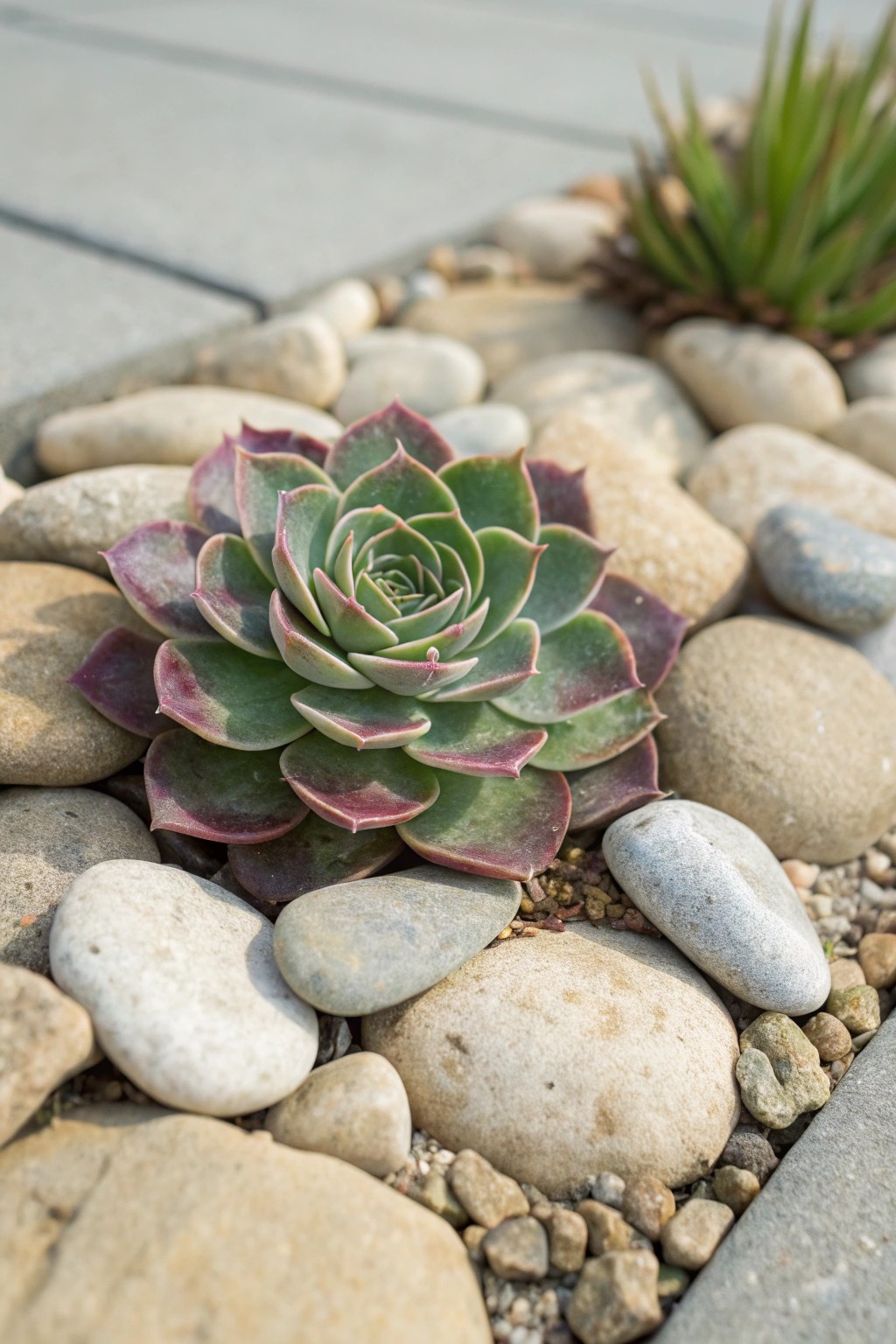 Effortless beauty: a stunning succulent mosaic nestled in natural stone.