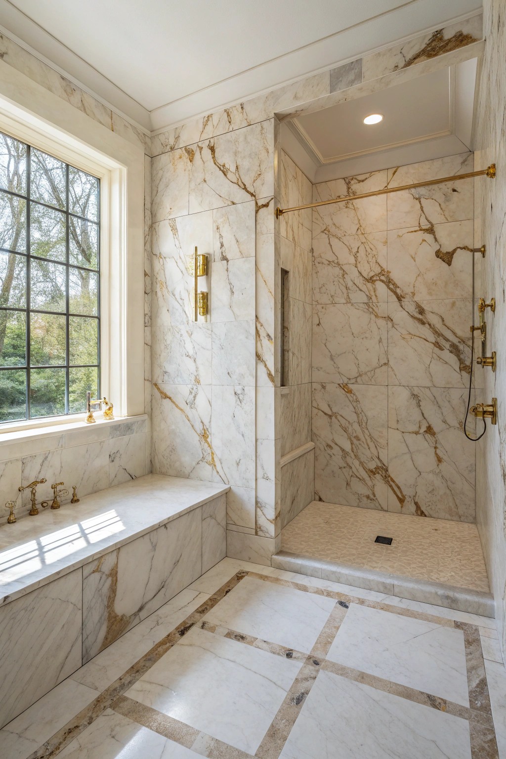 Make your shower the showpiece: a single statement stone wall for effortless luxury.