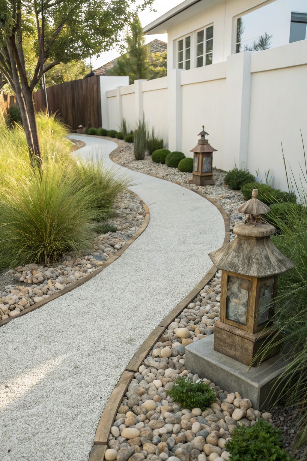Elegant gravel walkway: simplicity and nature meet modern backyard style.