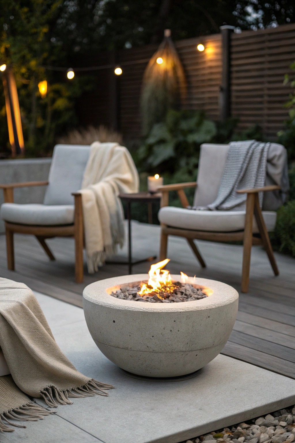 Modern warmth: gather around a sleek concrete fire pit in your backyard sanctuary.