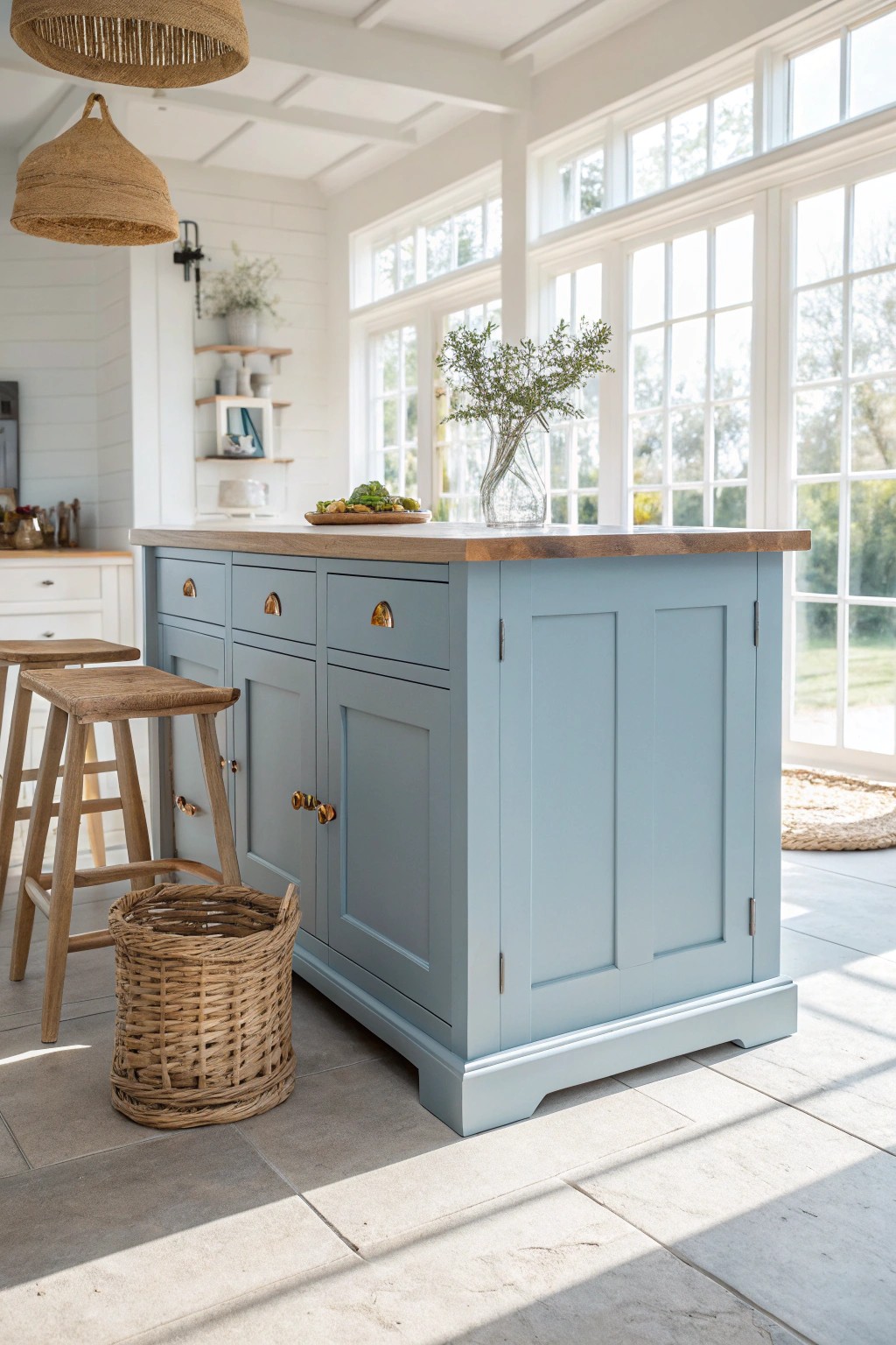 Make waves with a serene blue island—the heart of a modern coastal kitchen.