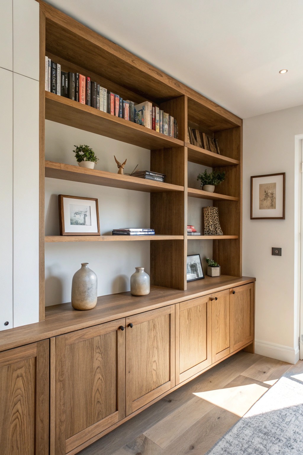 Seamless built-in shelves blend storage and style in the modern home office.