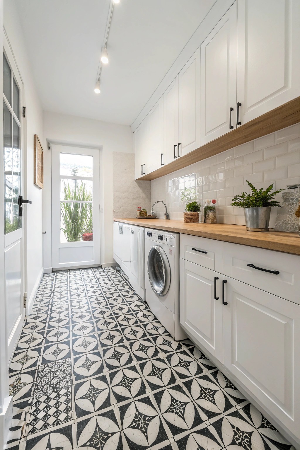 A bold tile floor injects personality and modern style into a functional space.