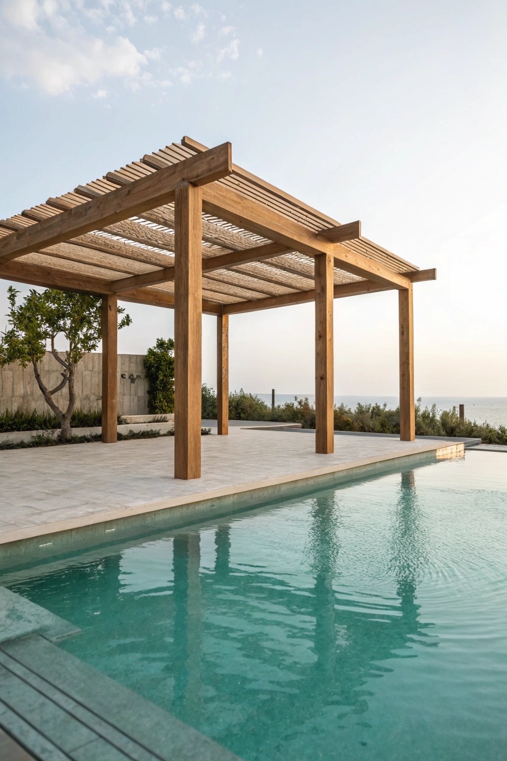 A floating pergola brings modern elegance and tranquil shade to your poolside retreat.