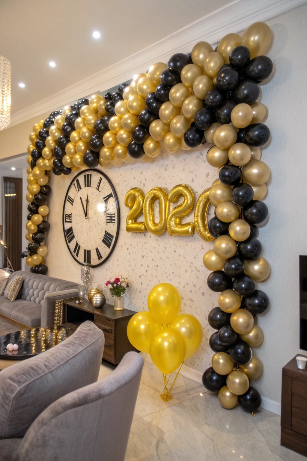 A dramatic balloon clock brings the countdown to life and is a perfect party photo spot.