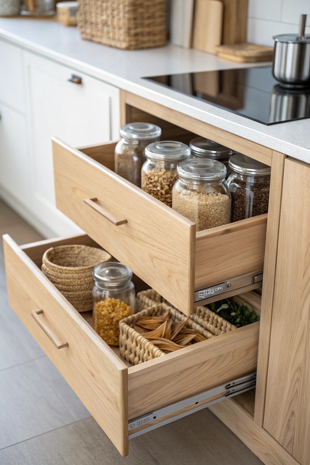 Effortless organization—discover the beauty of pull-out pantry drawers.