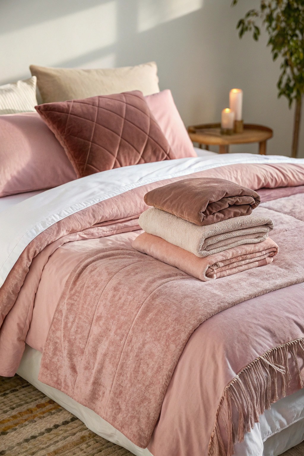 Elevate your bedroom with layered pink bedding and cozy throws for a touch of effortless elegance.