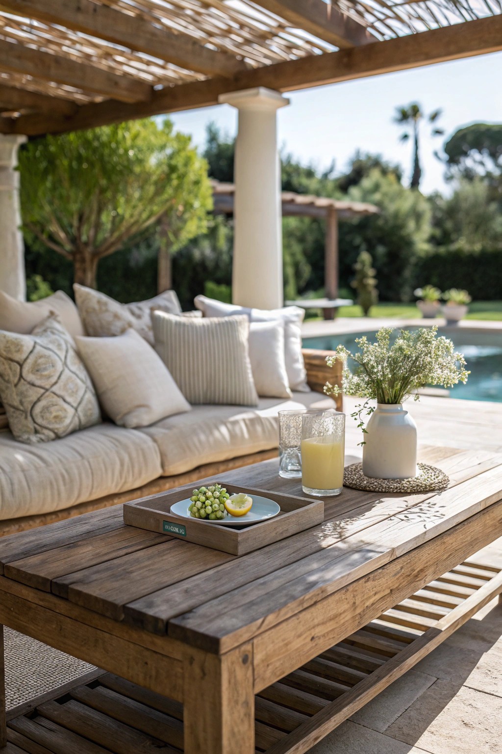 Gather around a handcrafted coffee table for the perfect outdoor living room vibe.