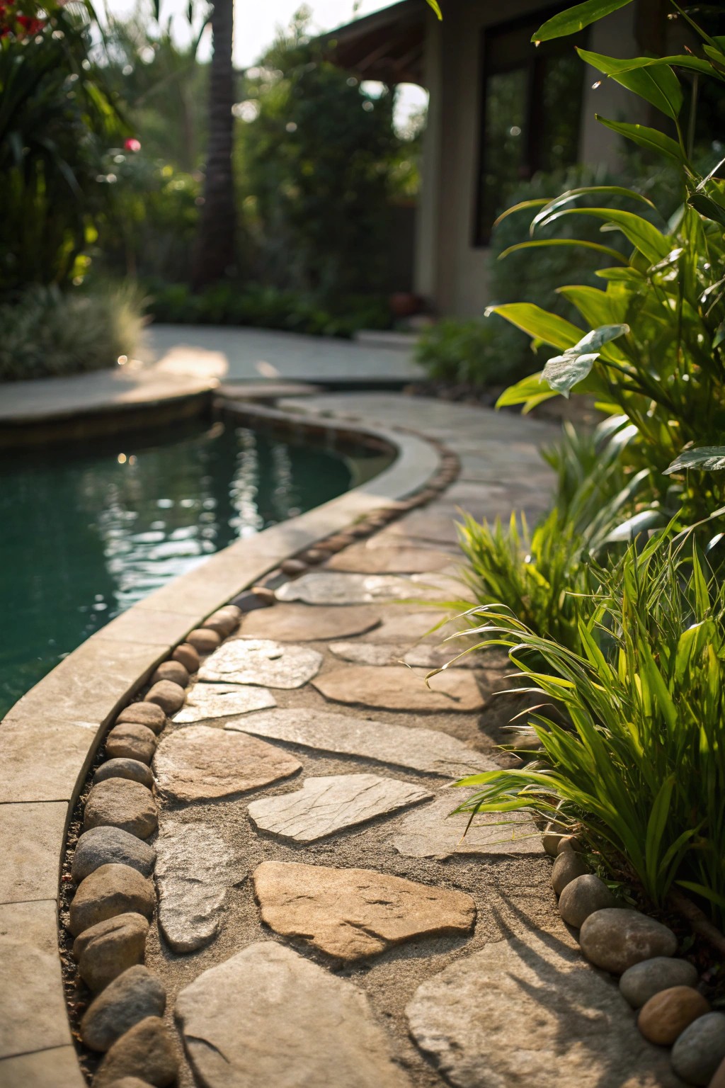 Step into serenity: a handcrafted stone pathway leads you through natural poolside beauty.