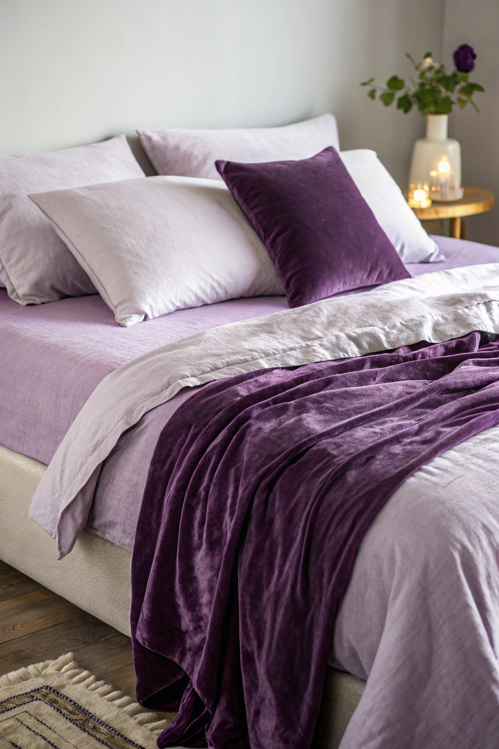 Dreamy layers: Lavender linens meet velvet plum for the ultimate cozy bed.