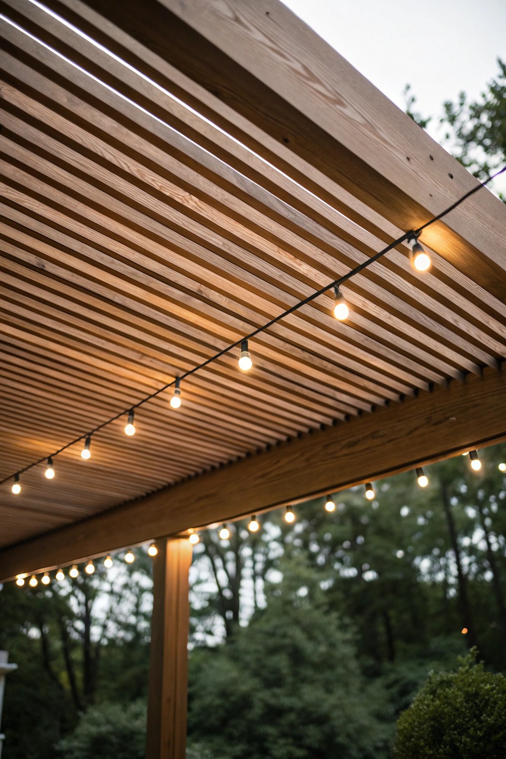 Modern slatted roof with glowing string lights—where simplicity meets outdoor elegance.