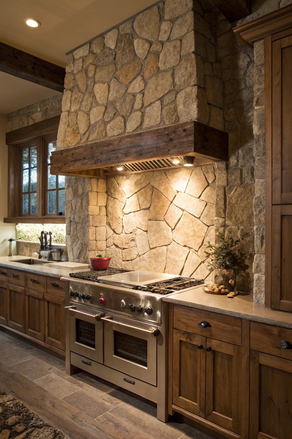 A stone wall creates a tactile, earthy backdrop in this rustic kitchen.
