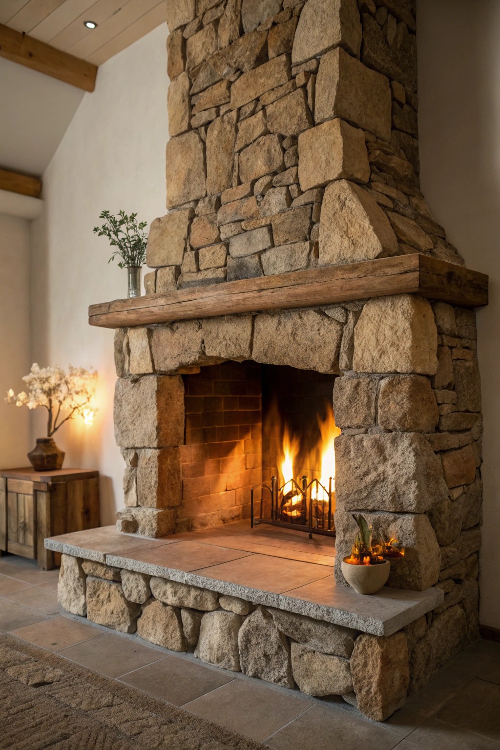 A stunning rustic stone fireplace: the heart of cozy, handcrafted living.