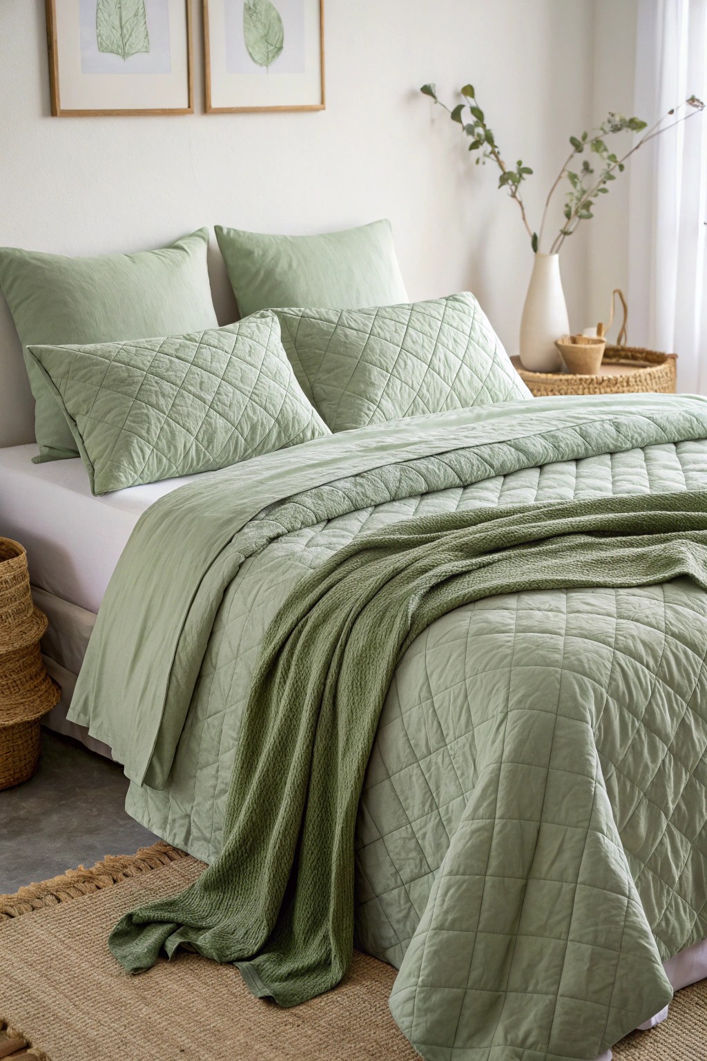 Elevate your space with soothing layers of sage green bedding.