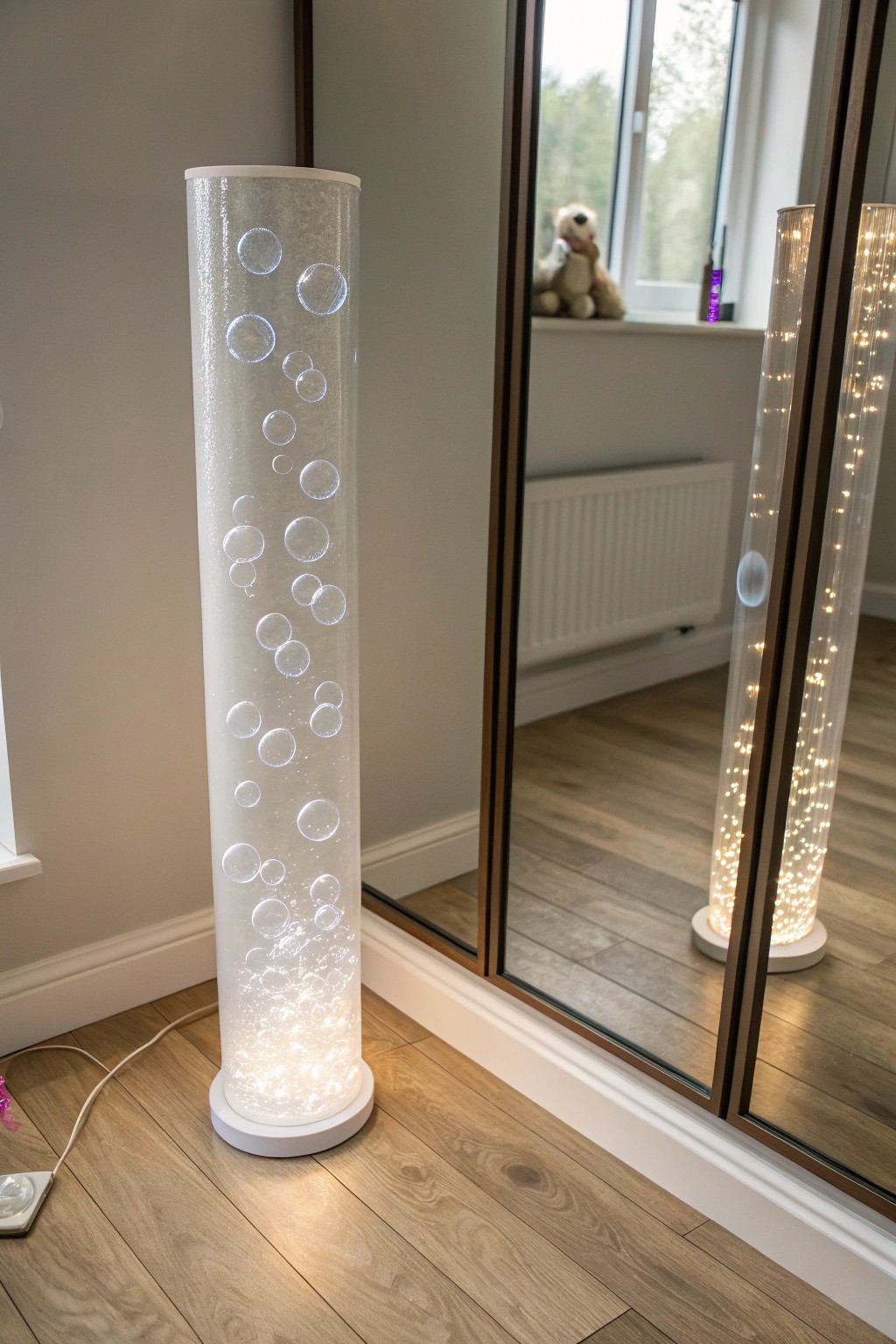 Serenity in motion: A bubble tube and mirrors create a calming sensory escape.