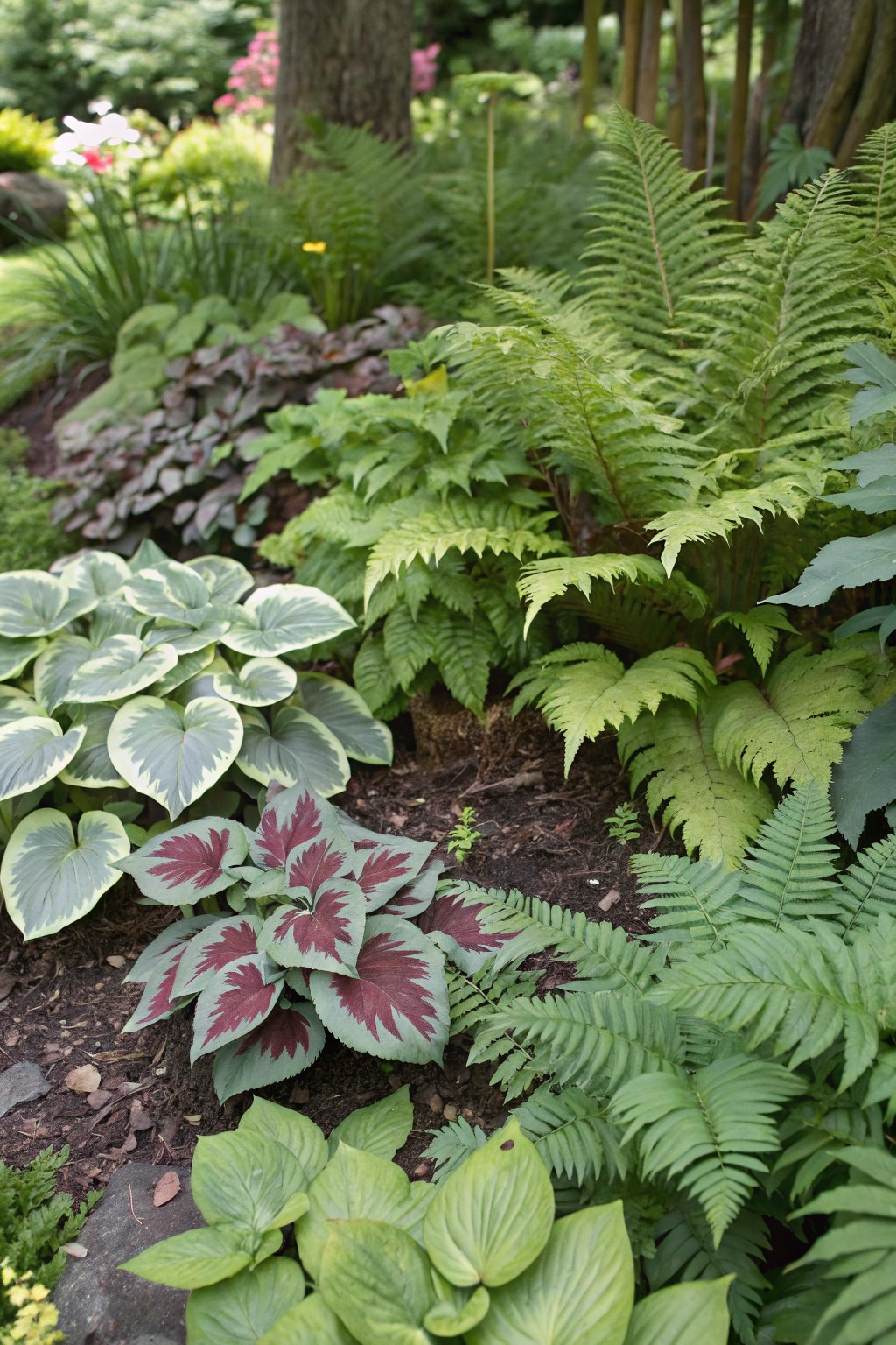 A vibrant blend of textured foliage brings life to a shady garden bed.