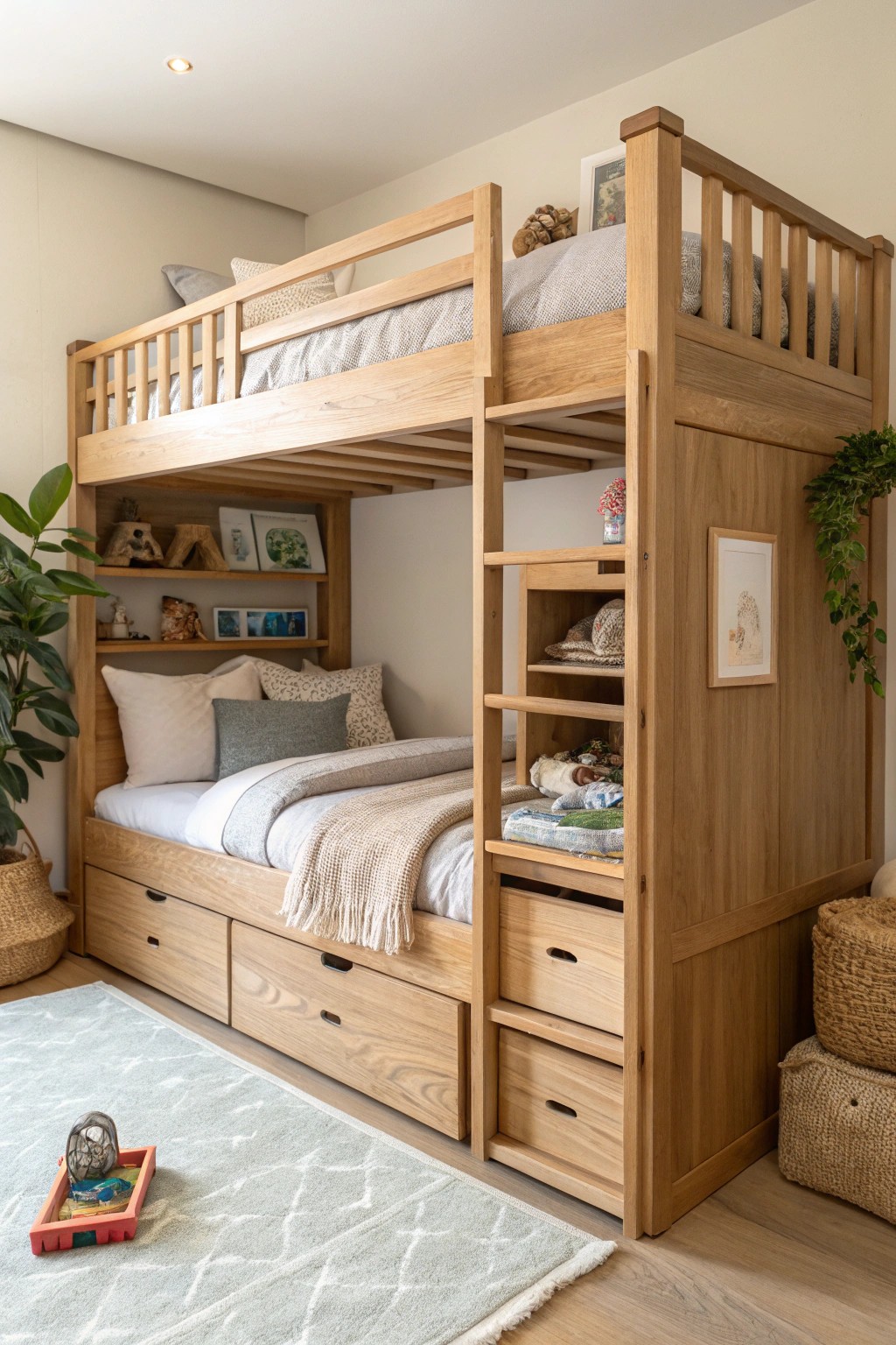 Effortless organization: elegant bunk bed with built-in storage for calm, clutter-free small bedrooms.
