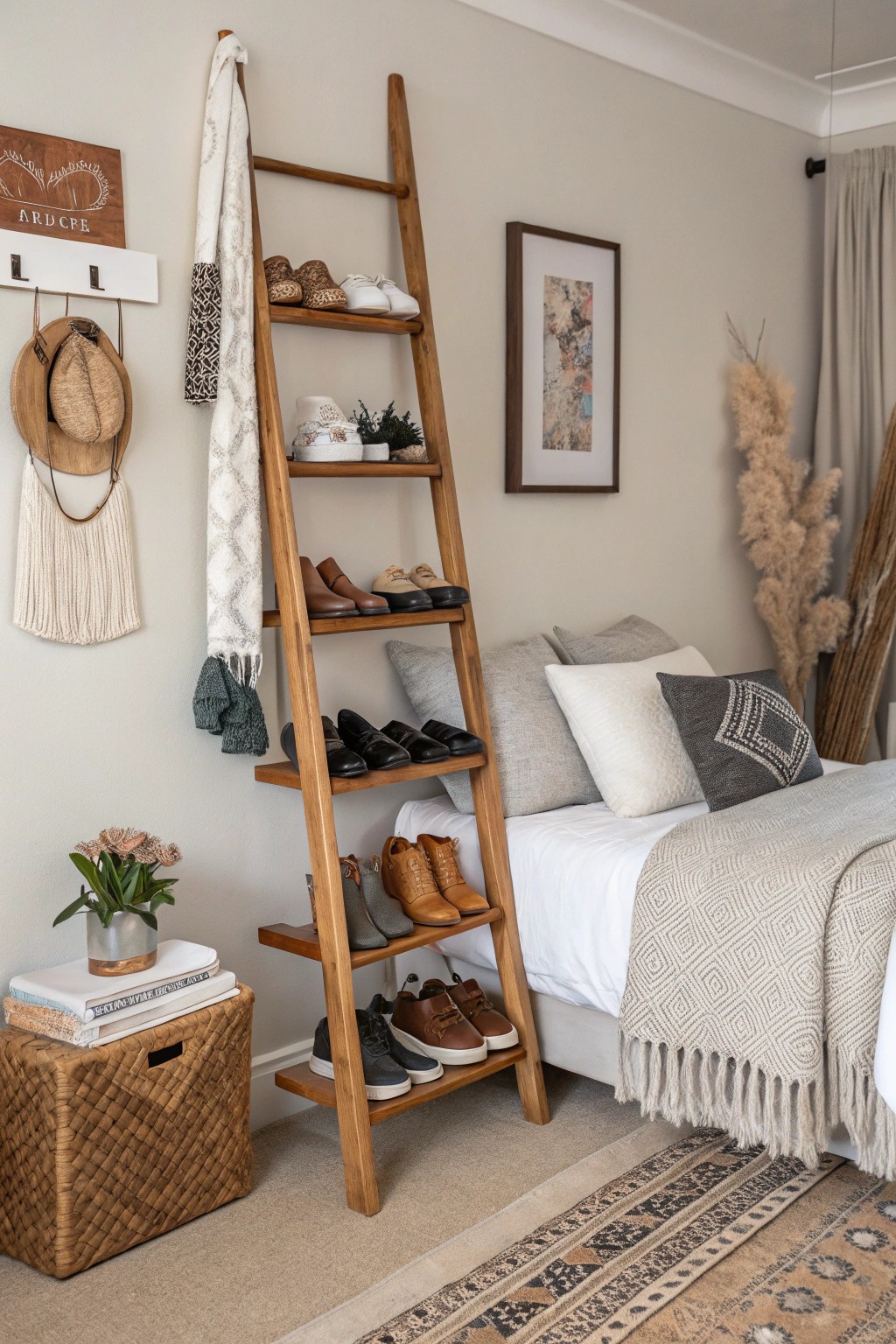A decorative ladder transforms shoes into a striking visual display.