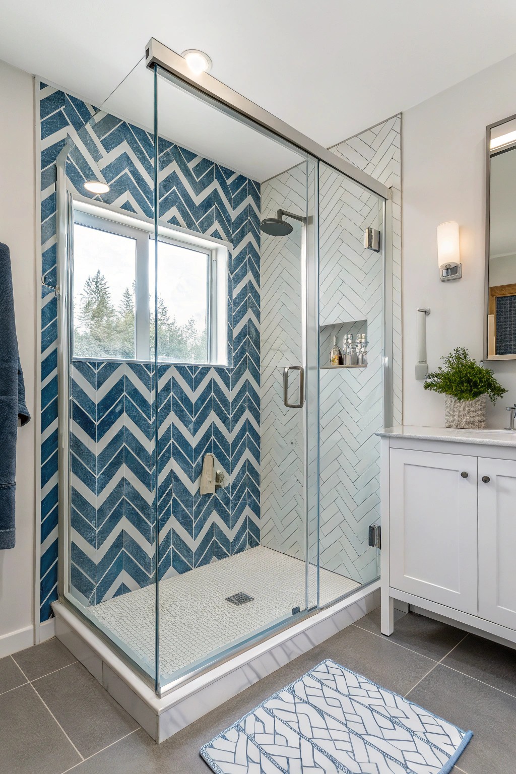 Geometric tiles infuse the shower wall with energy and precise visual interest.