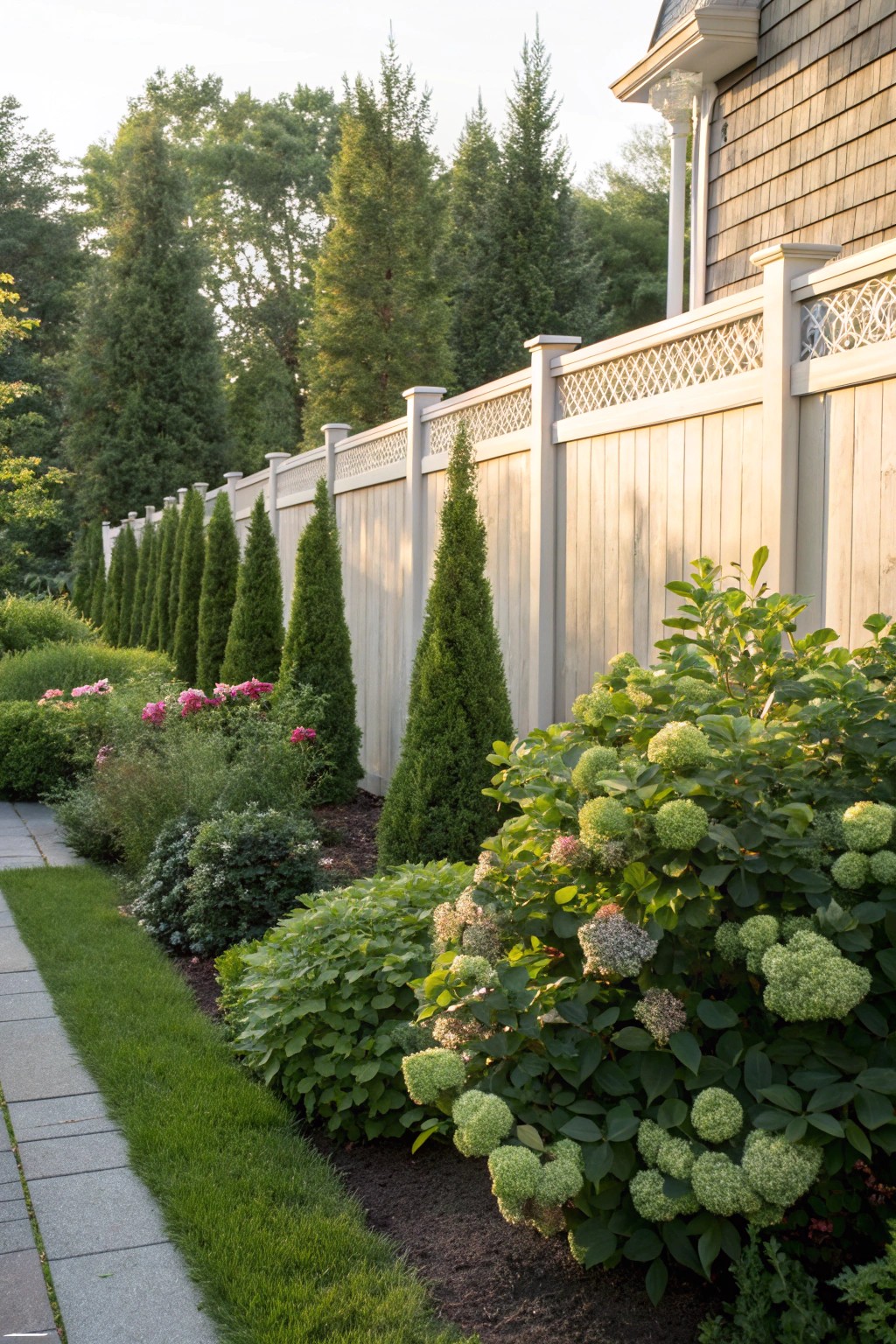 Layered shrubs make a simple fence look professionally landscaped.