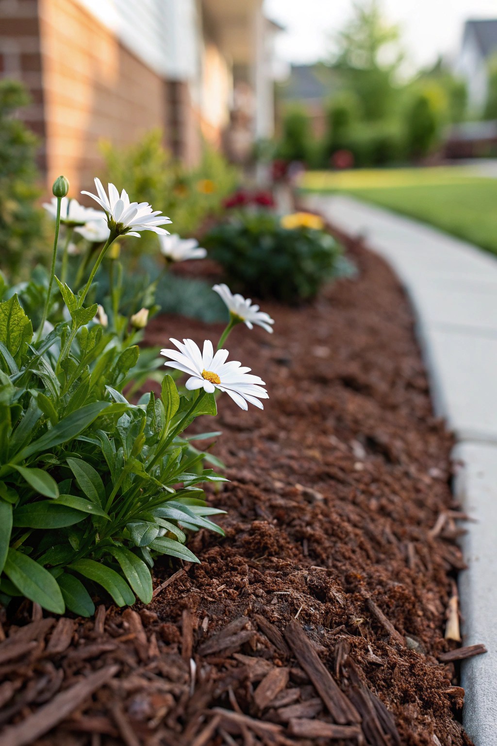 Fresh mulch, tidy blooms—simple beauty for your front yard.