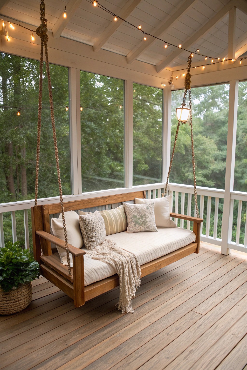 A serene screened-in porch swing—your cozy, bug-free retreat.