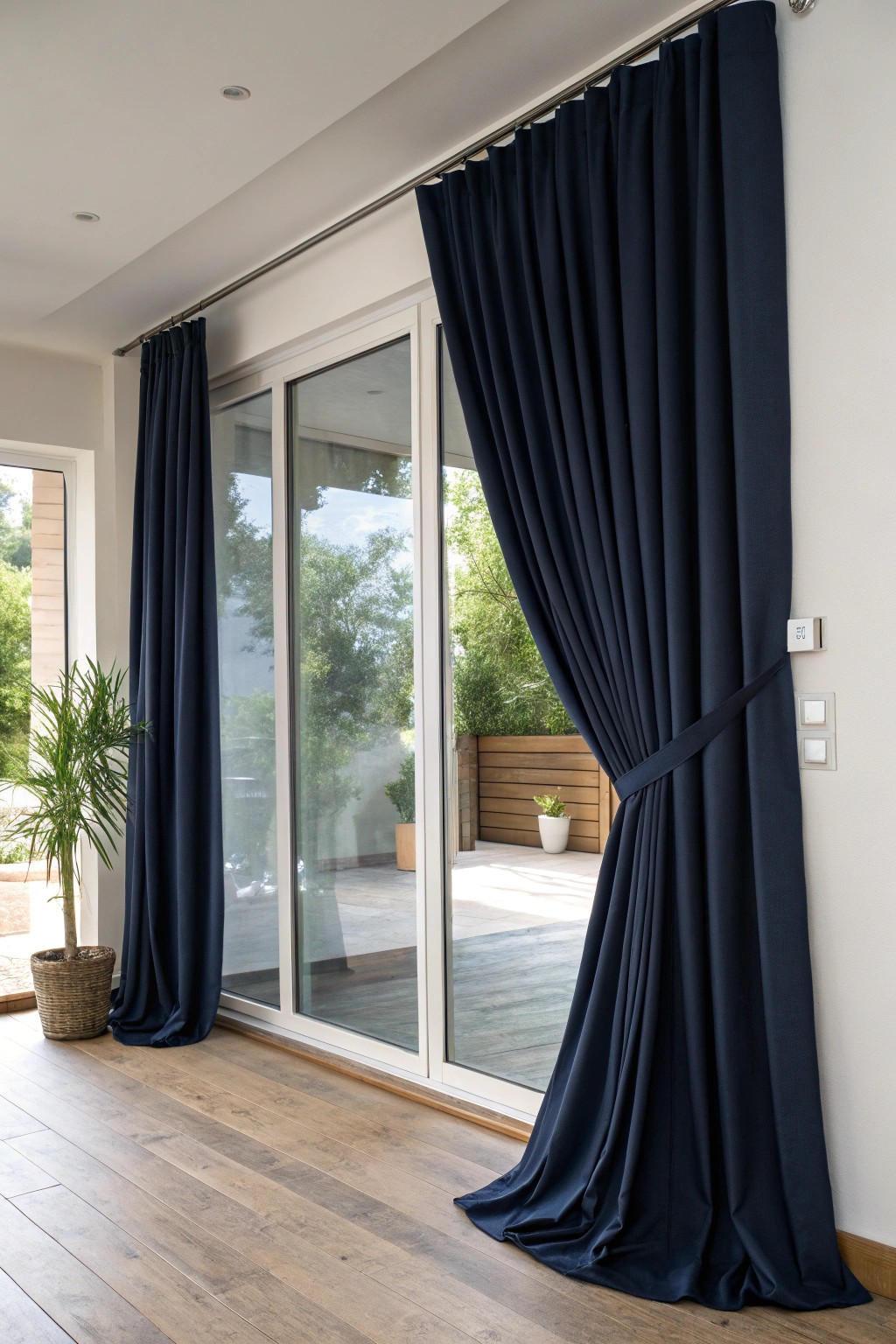 Effortless privacy—deep navy blackout drapes for your patio door.