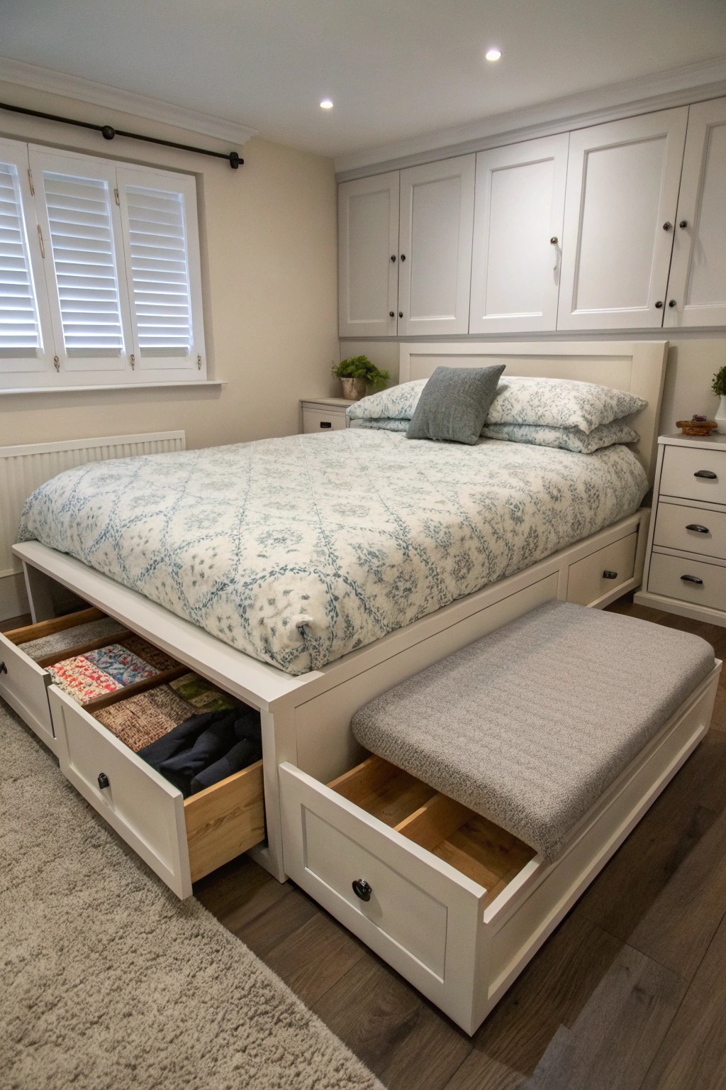 Multi-functional pieces such as storage beds and benches keep small bedrooms organized and sleek.