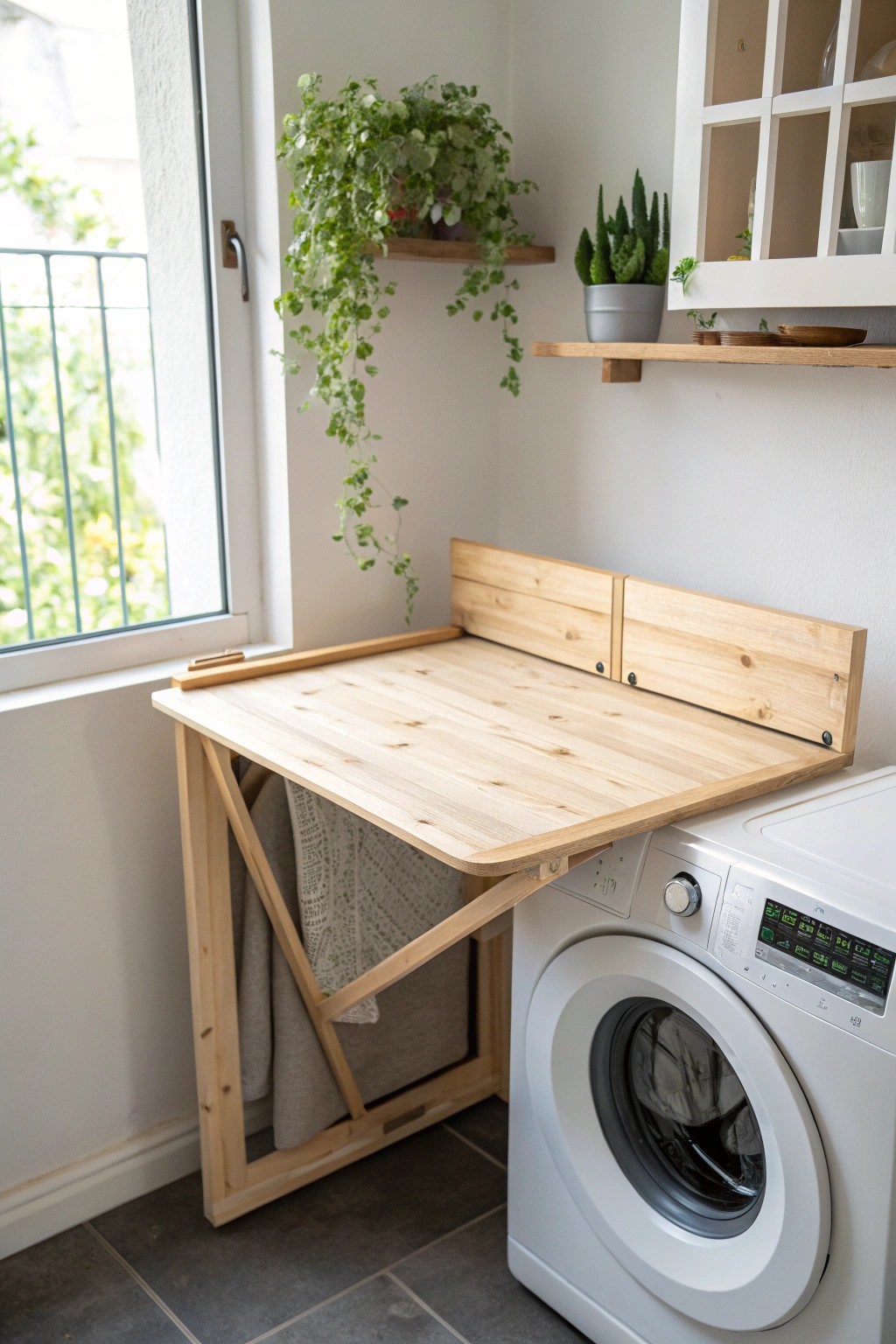 Maximize your laundry space with a stylish fold-down table—where function meets natural beauty.