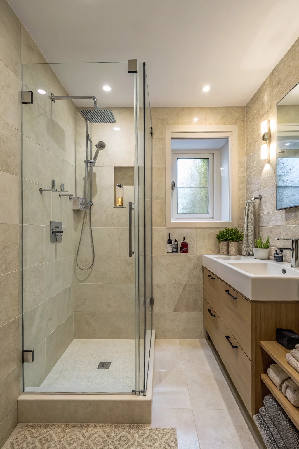 A small bathroom with a frameless glass shower that maximizes openness and light.