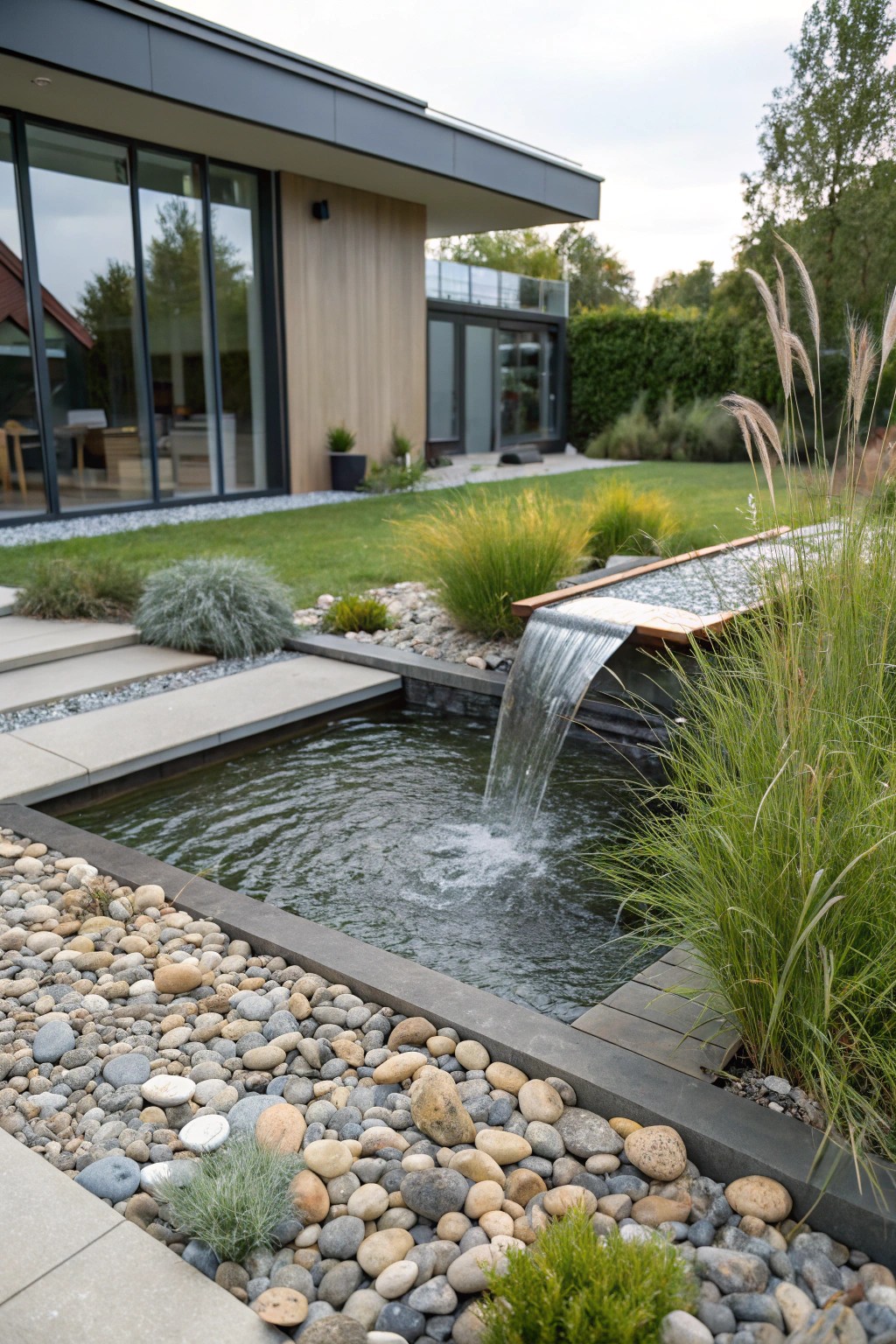 A modern-style pond with a minimalist spillway waterfall for a fresh look.