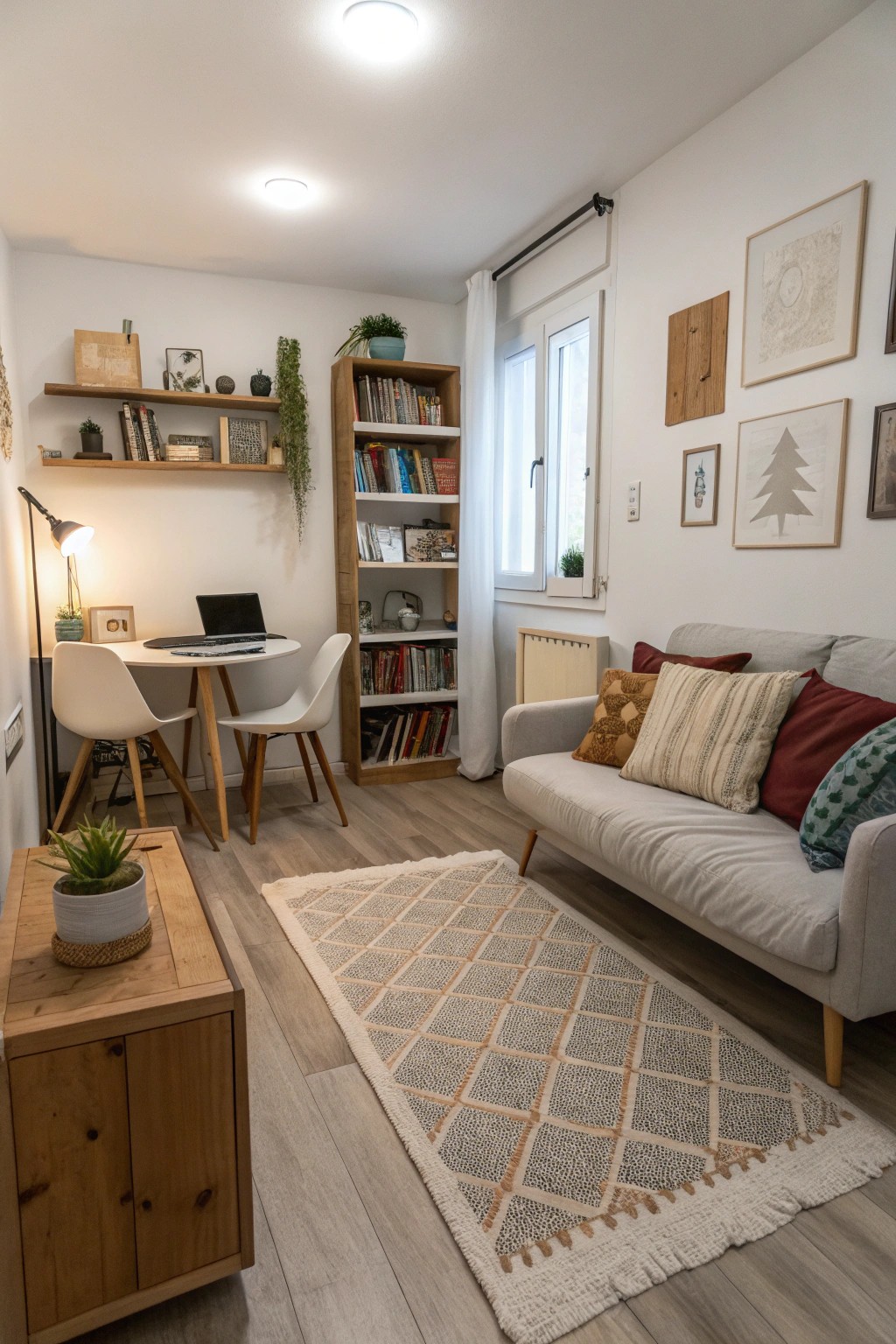 Distinct rugs help to visually separate living, dining, and sleeping zones in one room.