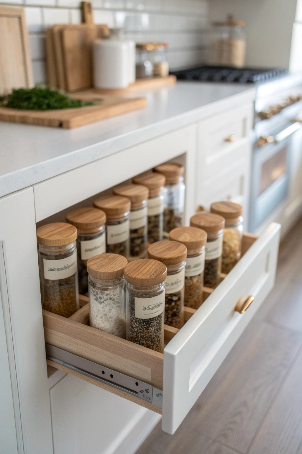 Effortless style: A pull-out spice rack blends craftsmanship with clutter-free elegance.