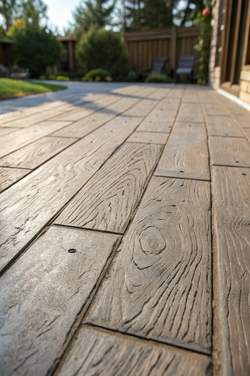 Nature-inspired craftsmanship: stamped concrete that looks just like rustic wood.
