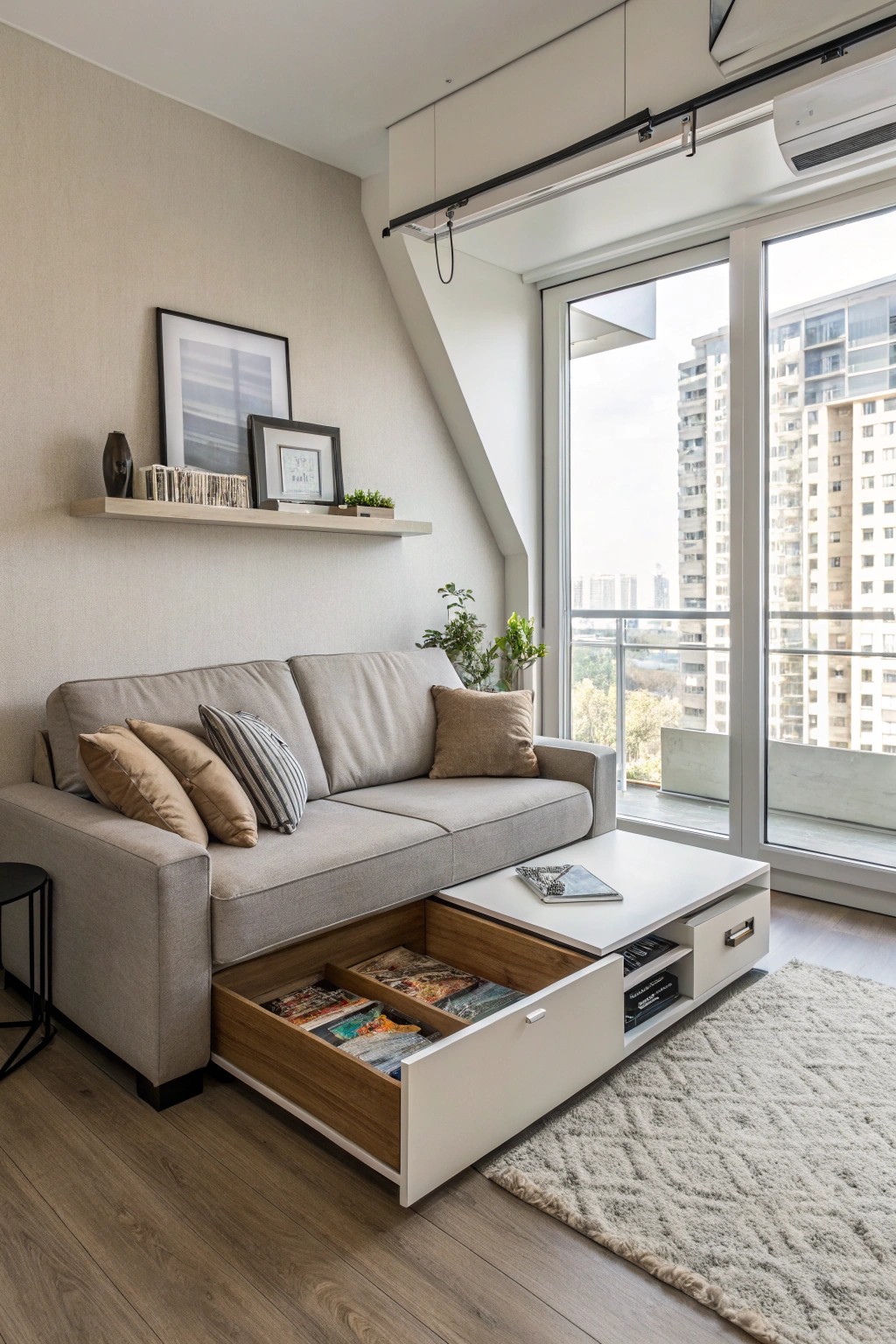 Multi-functional furniture maximizes space and style in a studio apartment.